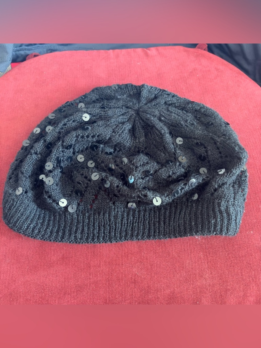 Vintage Style Black Knit Beret with Black Sequins - Elegant French Style Beanie